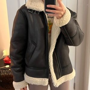 Zara Shearling faux brown leather jacket